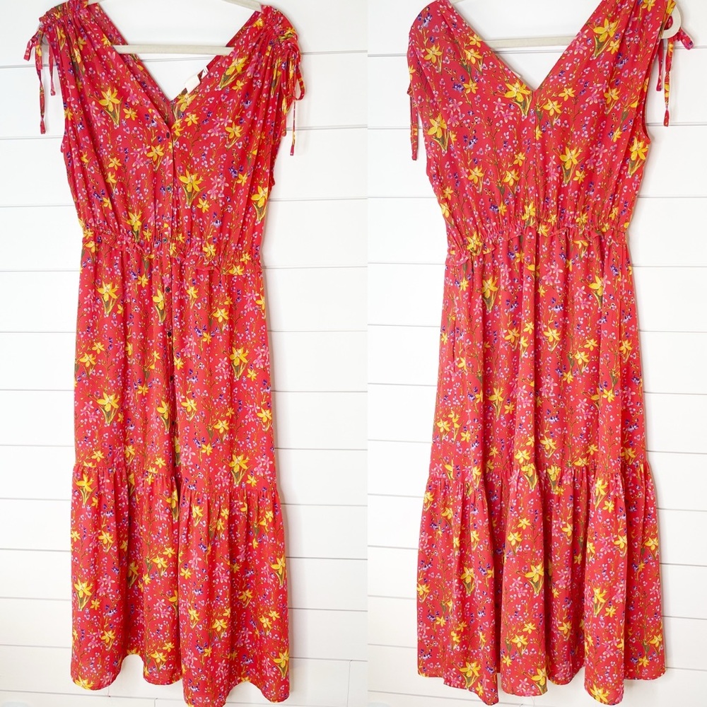 GAP Bright Coral Floral Spring Summer Cap Sleeve Tiered Dress